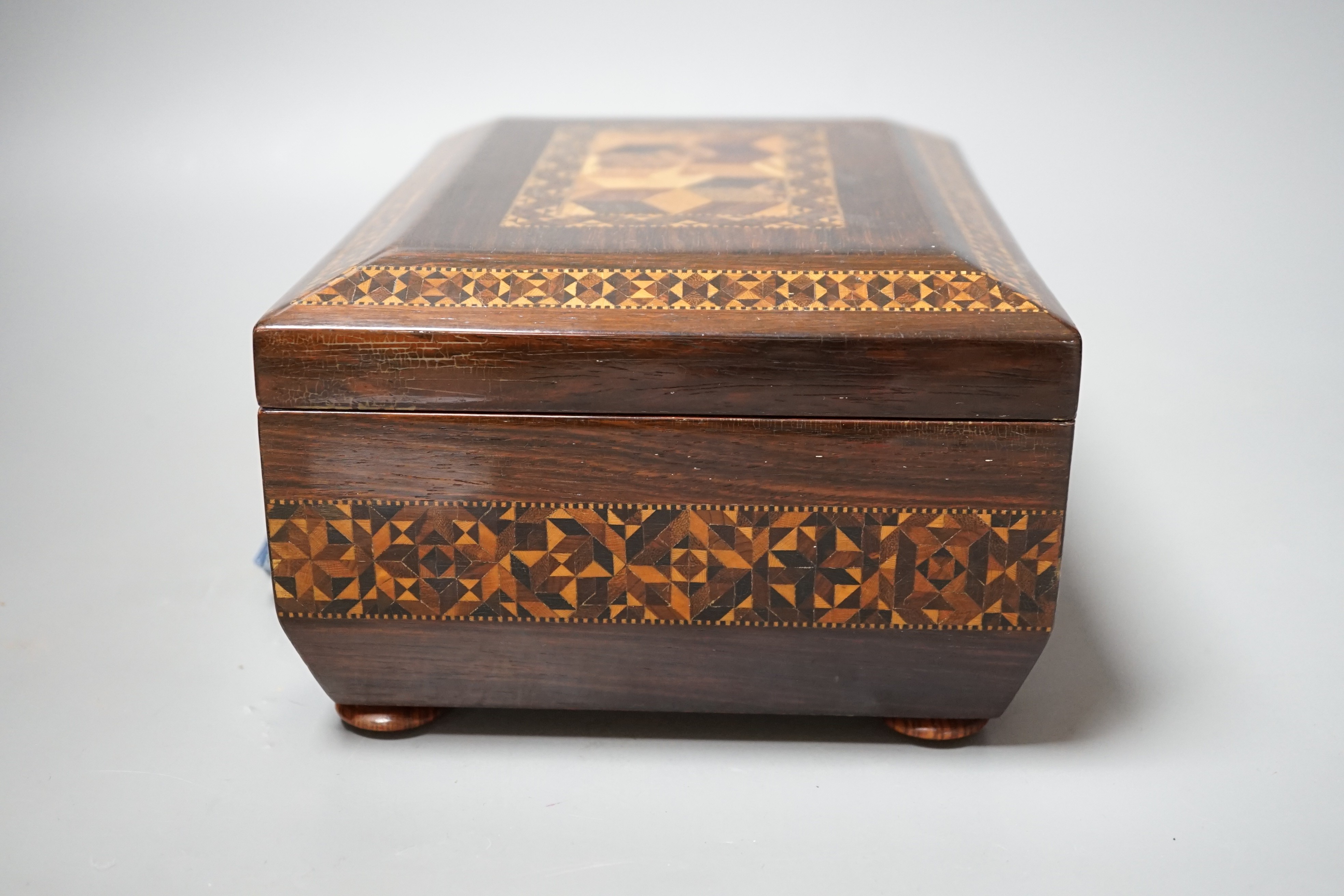 A Tunbridge ware rosewood perspective cube marquetry and half square mosaic sewing box, c.1830, 22cm wide